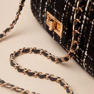 Black Tweed Chain Shoulder Bag with Gold Hardware